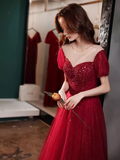 Simple A line Burgundy Sequin Long Prom Dress HZ1024