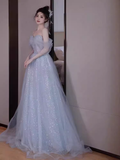 Simple A line Off The Shoulder Tulle Long Prom Dress HZ1024