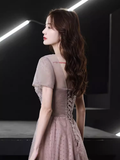 Simple A line Short Sleeves Pink Long Prom Dress HZ1024