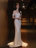 Sexy Mermaid Off The Shoulder Slit Sequin Long Prom Dresses HZ1024