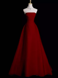 Sexy A Line Strapless Sleeveless Burgundy Long Prom Dress HZ1024