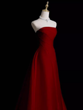 Sexy A Line Strapless Sleeveless Burgundy Long Prom Dress HZ1024