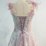 Vintage A line Straps Sequin Flowers Long Pink Prom Dress Evening Dresses HZ1024