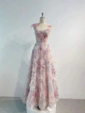 Vintage A line Straps Sequin Flowers Long Pink Prom Dress Evening Dresses HZ1024