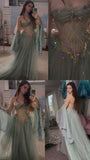 Princess Strapless Off The Shoulder Long Sleeves Dusty Green Floor Length Long Prom Dresses HZ1024