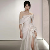 Vintage Off Shoulder Satin Wedding Dress White Mermaid Long Prom Dress with Slit HZ1024